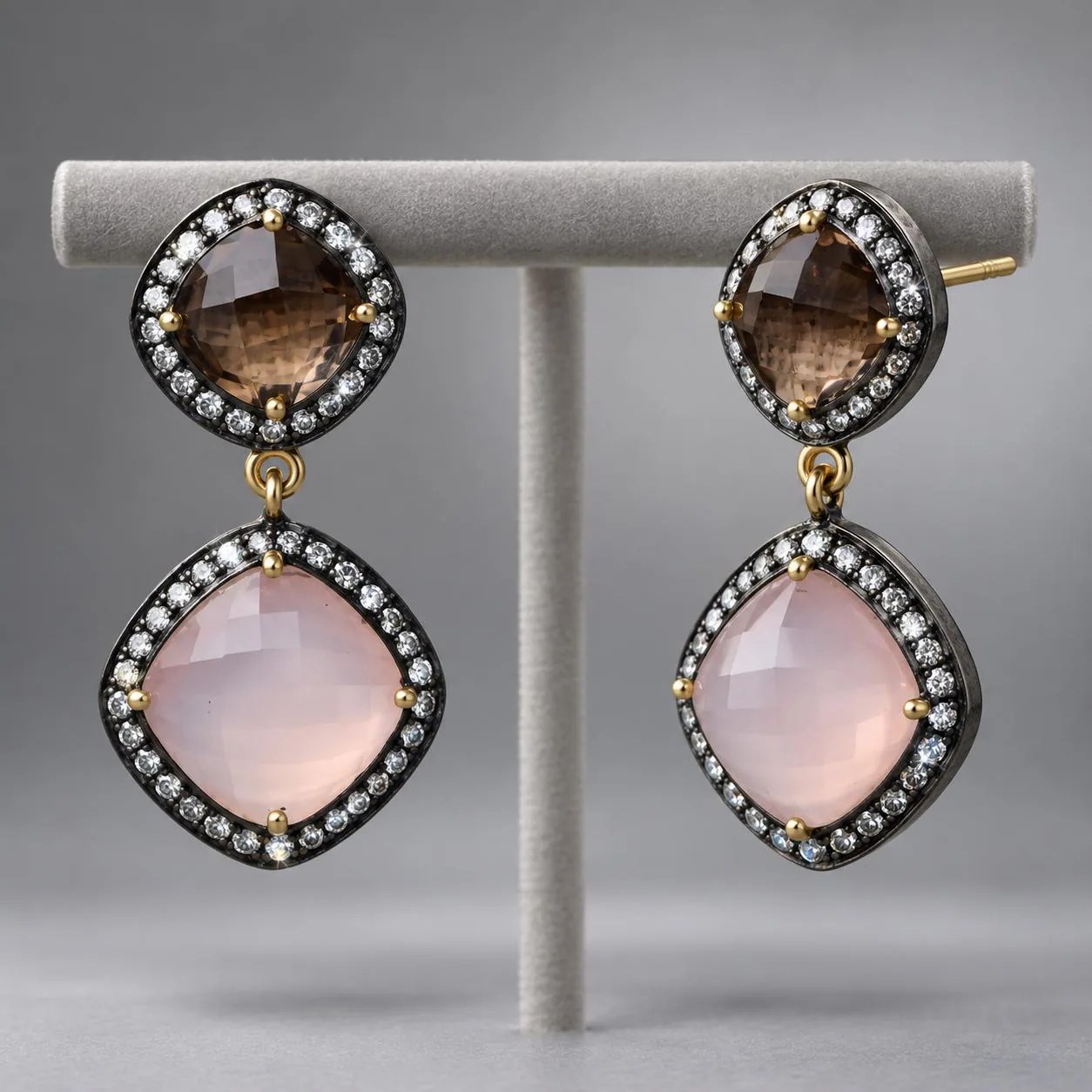 Rose Quartz Smoky Quartz Vermeil Earrings, CZ Halo Drops (38mm x 18mm)