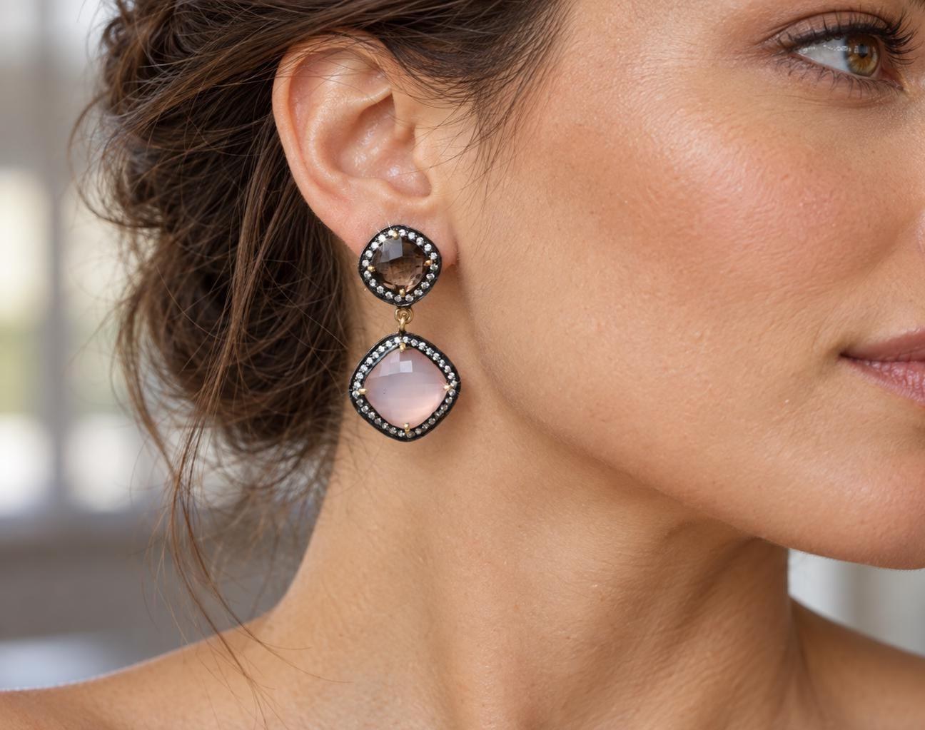 Rose Quartz Smoky Quartz Vermeil Earrings, CZ Halo Drops (38mm x 18mm), worn view