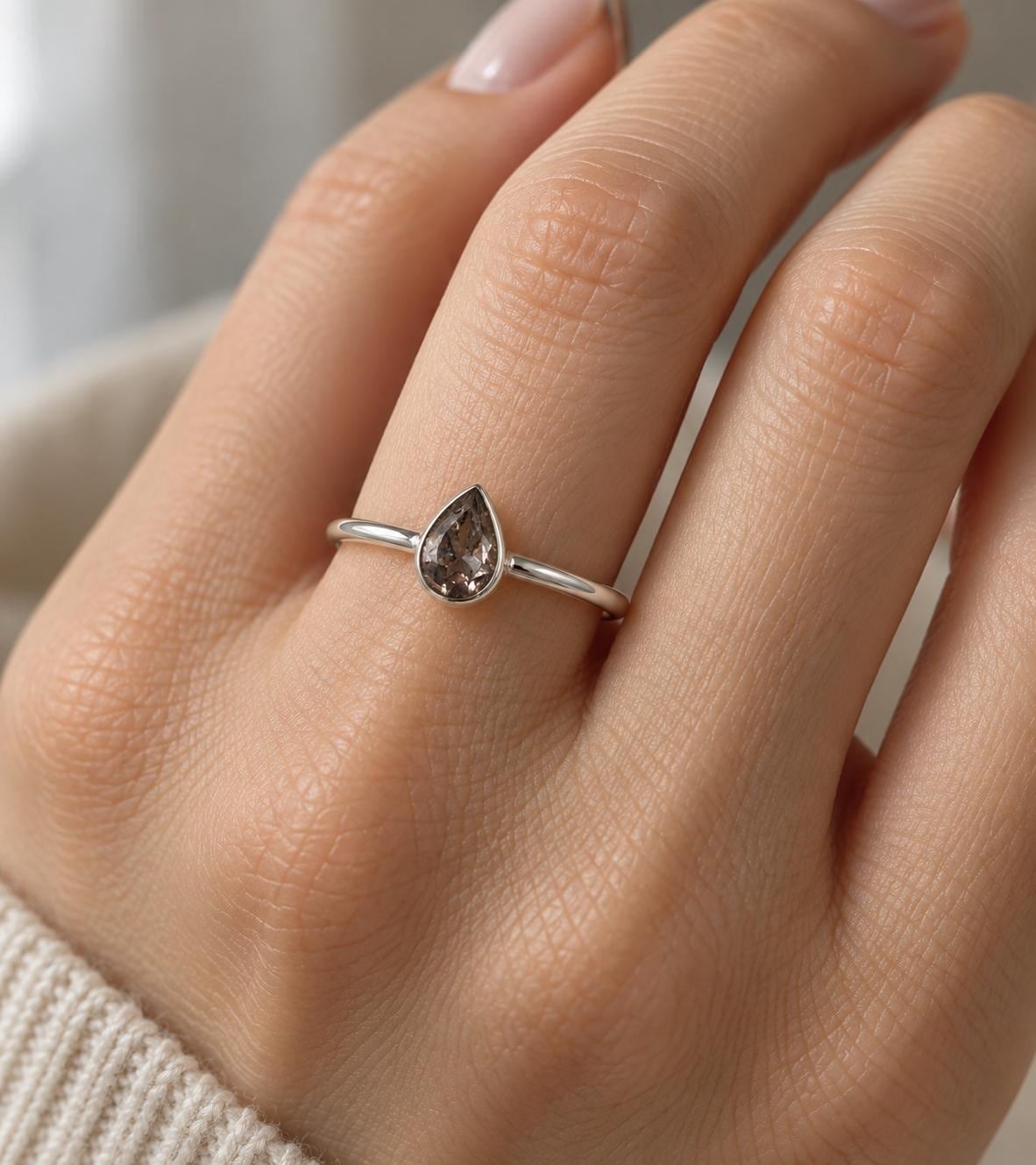Teardrop Grey Tourmaline Sterling Silver Ring Size 8, October Birthstone, worn view