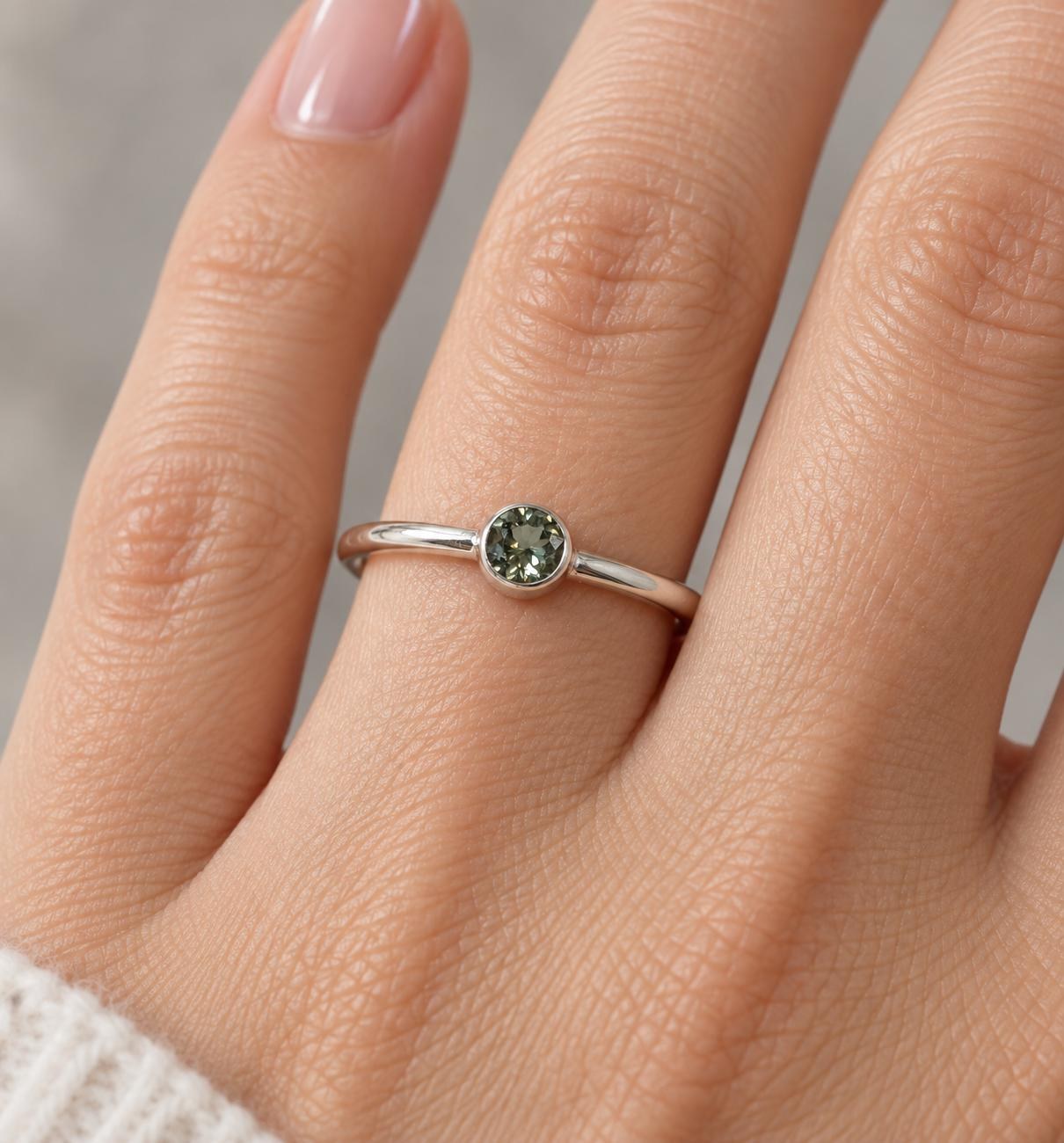 Round Green Tourmaline Sterling Silver Ring Size 9, October Birthstone, worn view