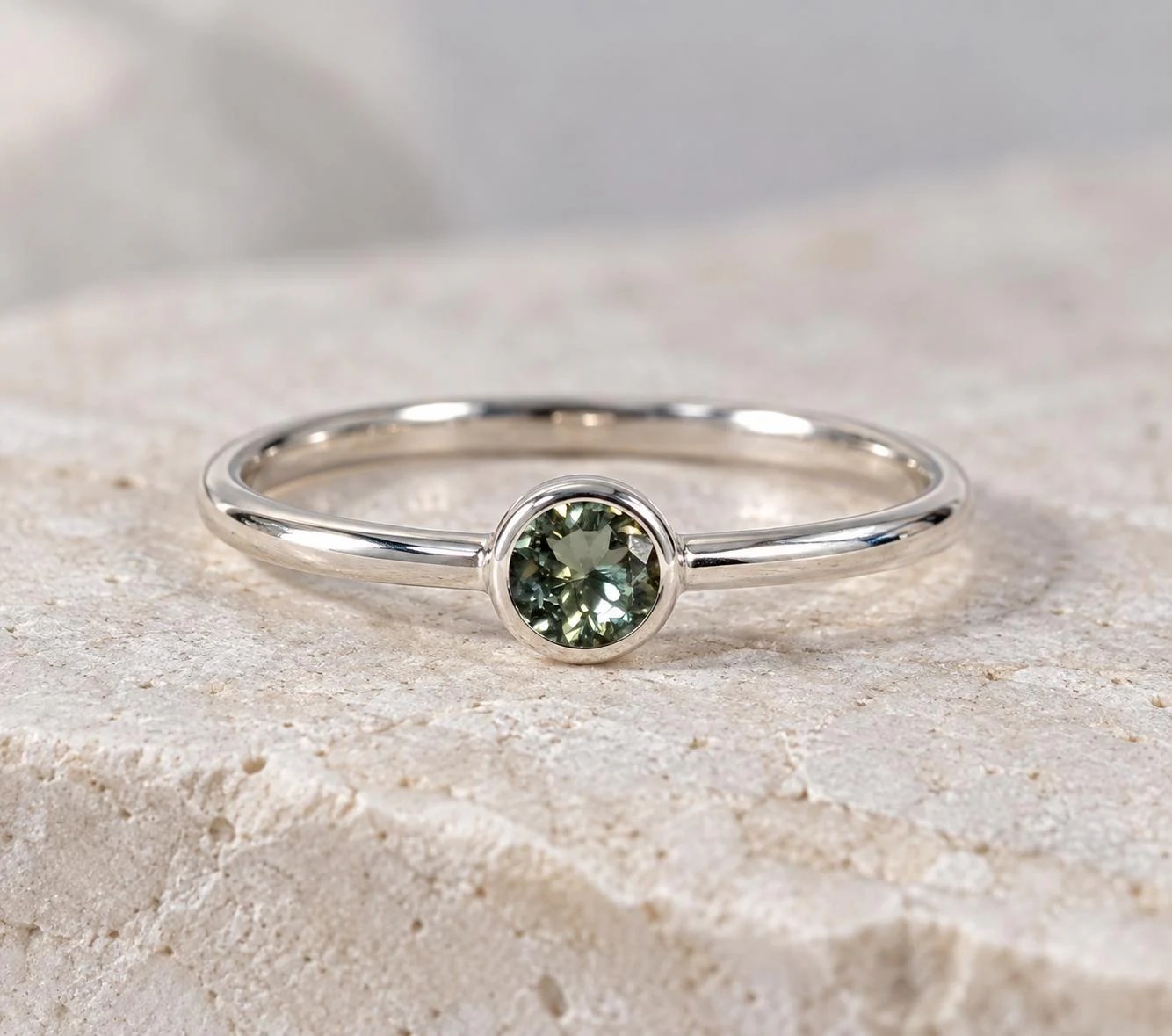 Round Green Tourmaline Sterling Silver Ring Size 9, October Birthstone
