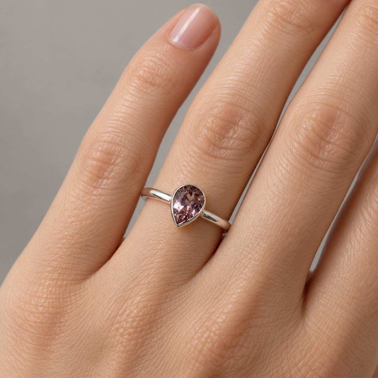 Teardrop Pink Tourmaline Sterling Silver Ring Size 6, October Birthstone, worn view