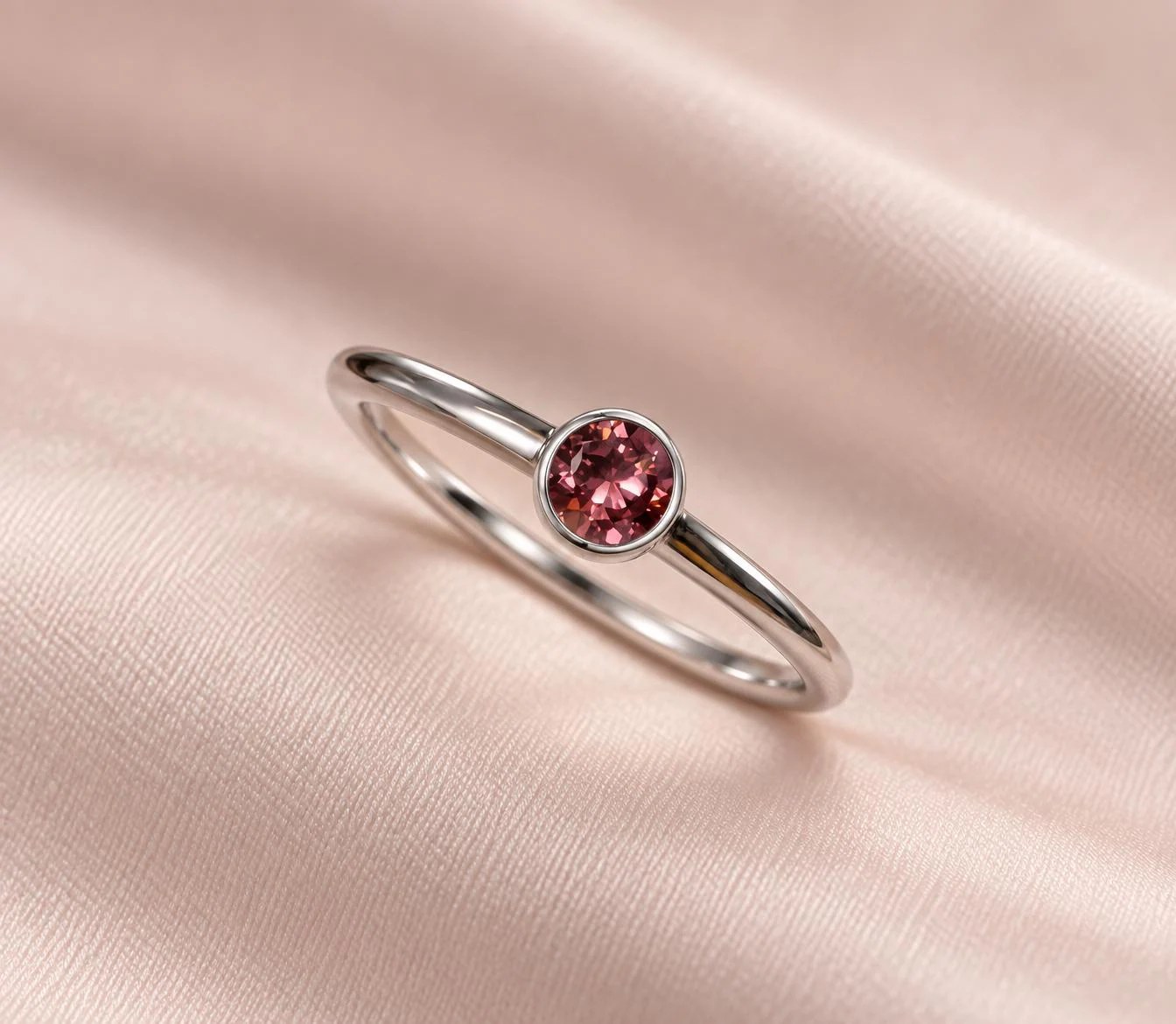 Round Pink Tourmaline Sterling Silver Ring Size 8, October Birthstone, detail view