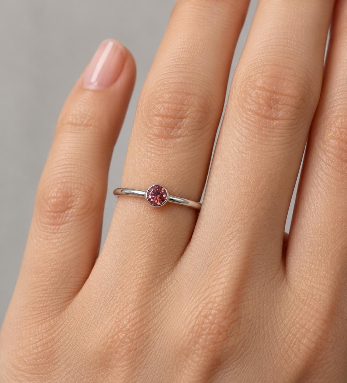 Round Pink Tourmaline Sterling Silver Ring Size 8, October Birthstone, worn view