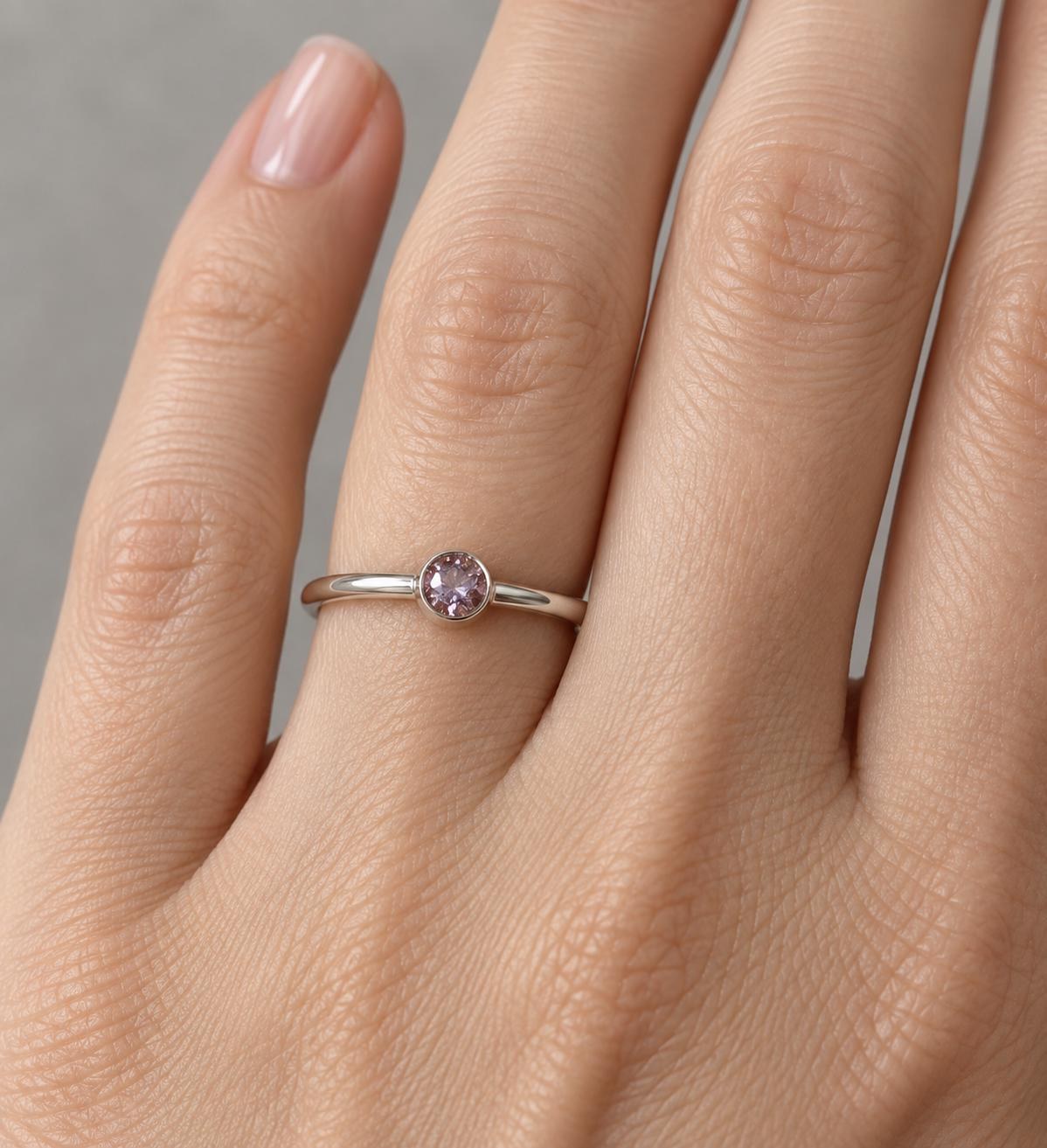Round Pale Pink Tourmaline Sterling Silver Ring Size 4, October Birthstone, worn view