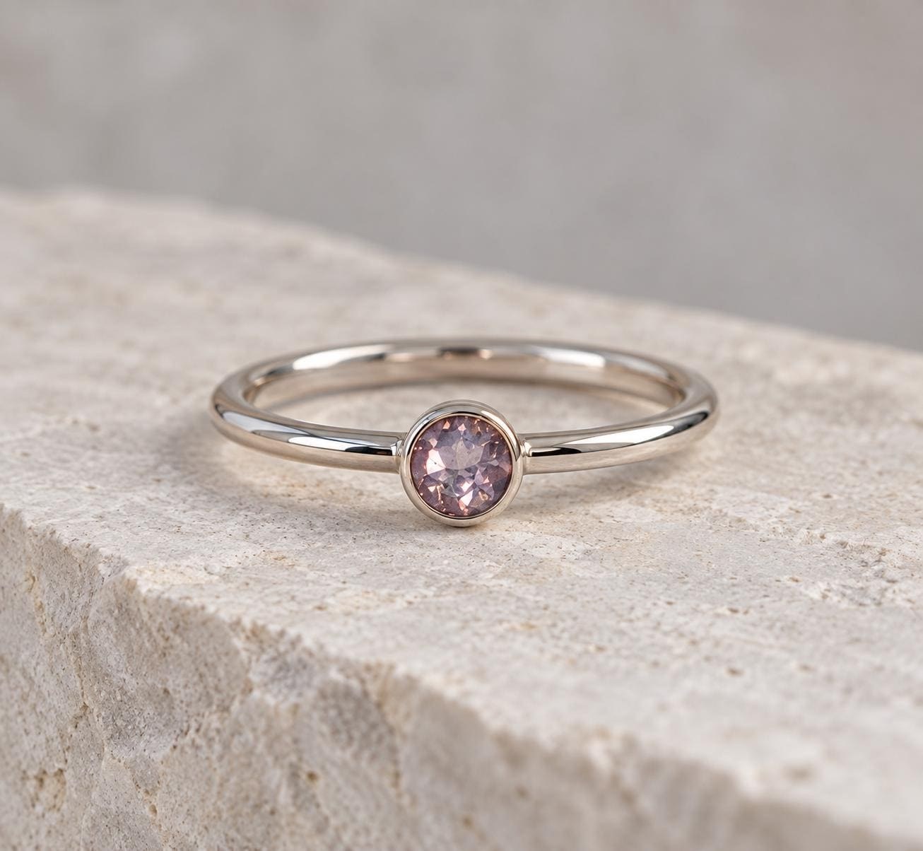 Round Pale Pink Tourmaline Sterling Silver Ring Size 4, October Birthstone