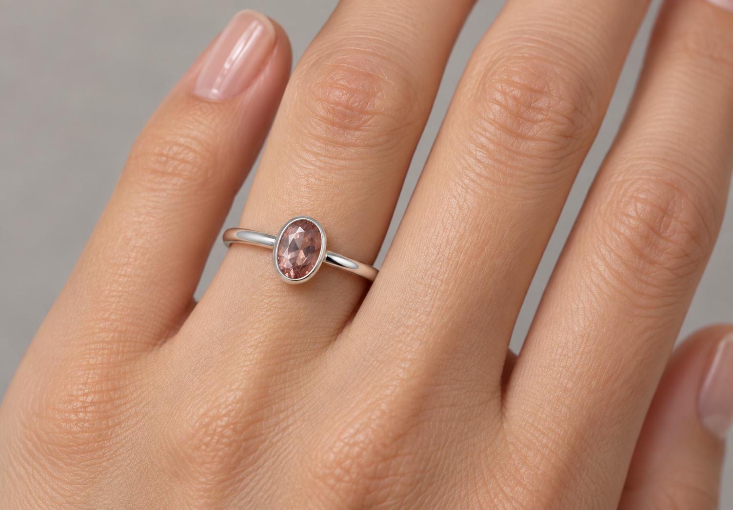 Oval Pale Pink Tourmaline Sterling Silver Ring Size 6, October Birthstone, worn view