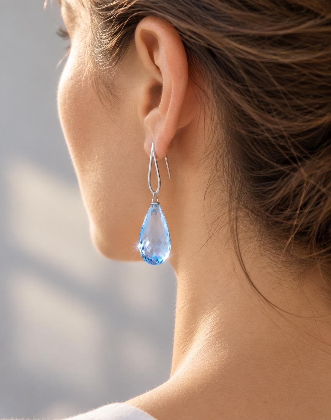 Swiss Blue Topaz Quartz Drop Statement Earrings Solid 14k White Gold, December Birthstone, worn view