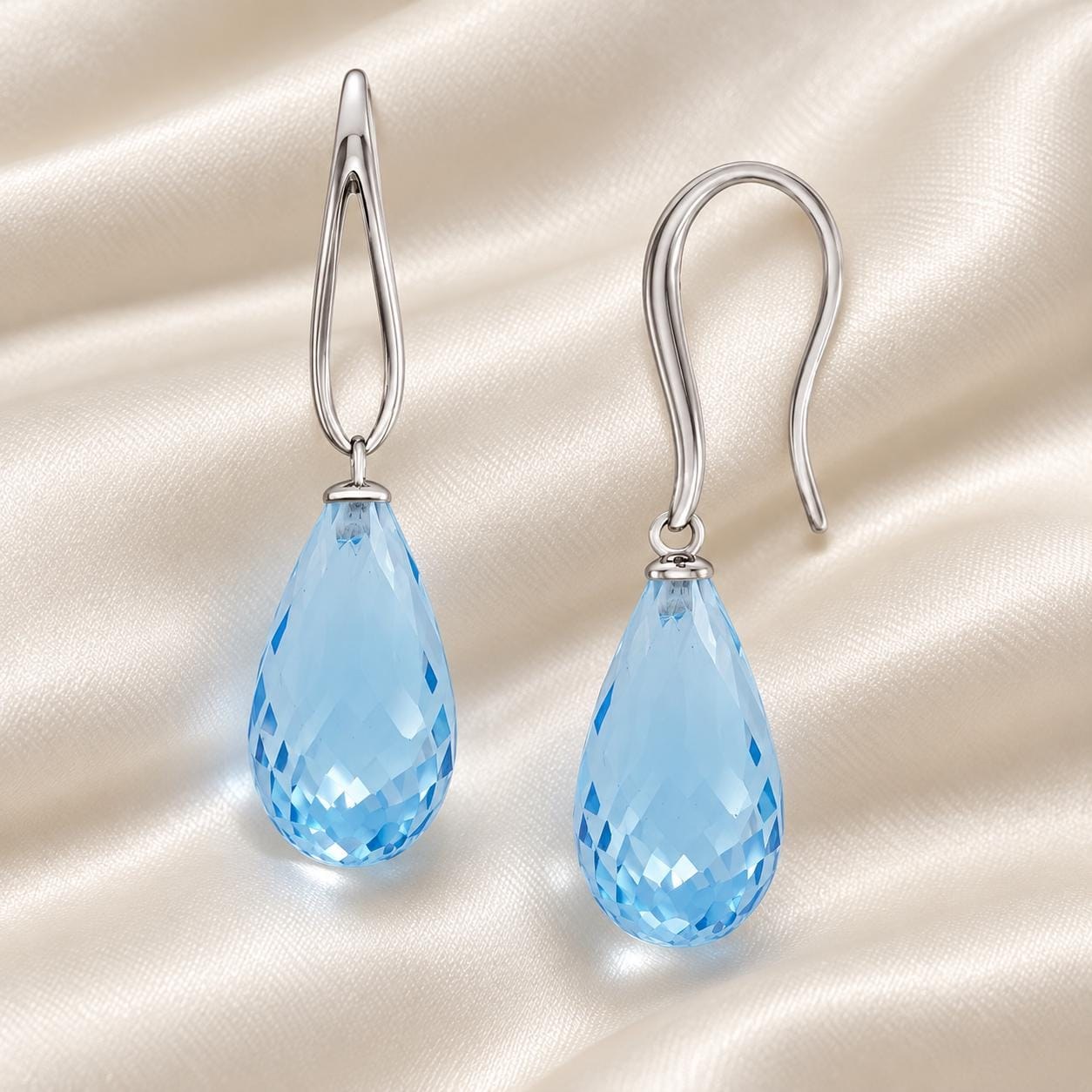 Swiss Blue Topaz Quartz Drop Statement Earrings Solid 14k White Gold, December Birthstone