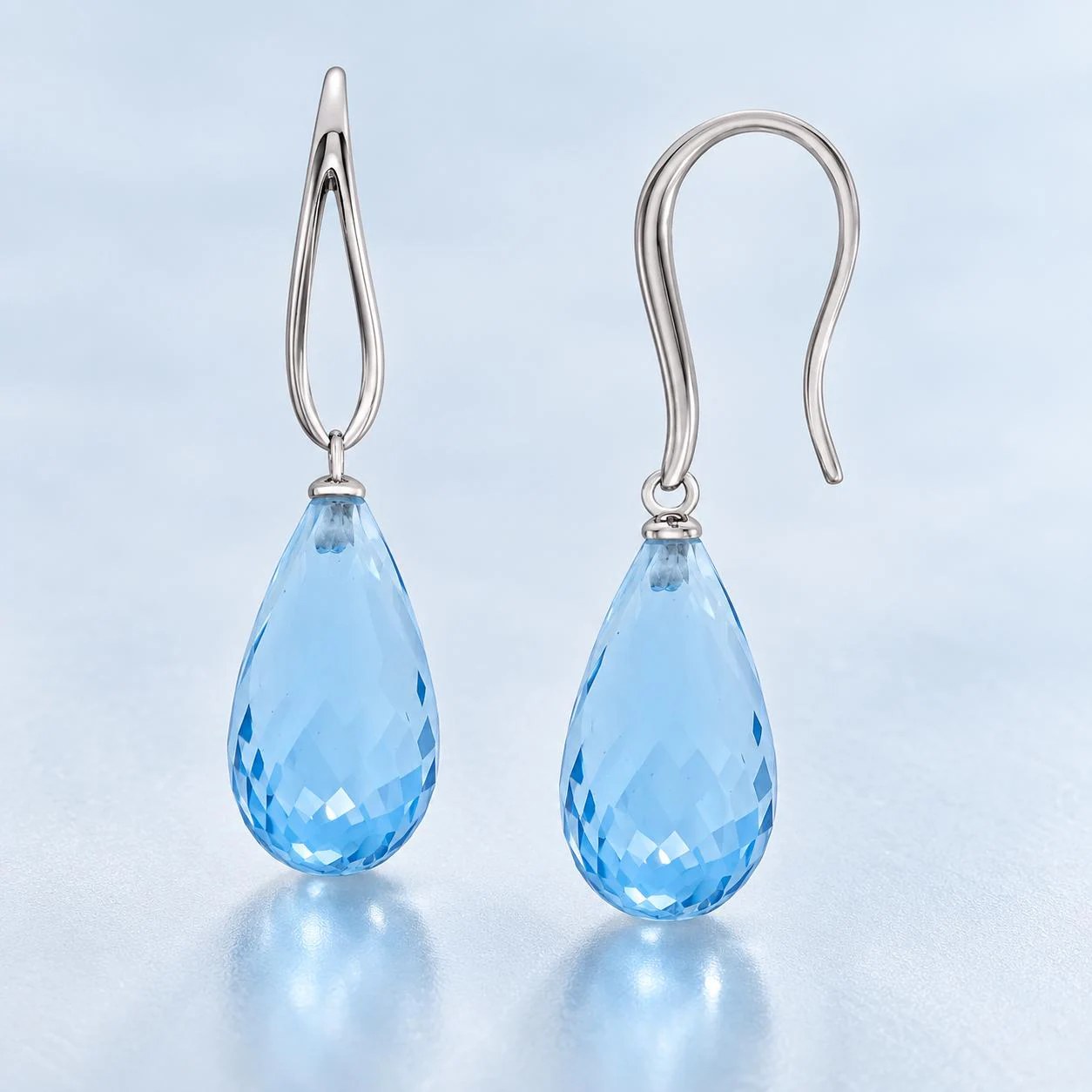 Swiss Blue Topaz Quartz Drop Statement Earrings Solid 14k White Gold, December Birthstone, detail view