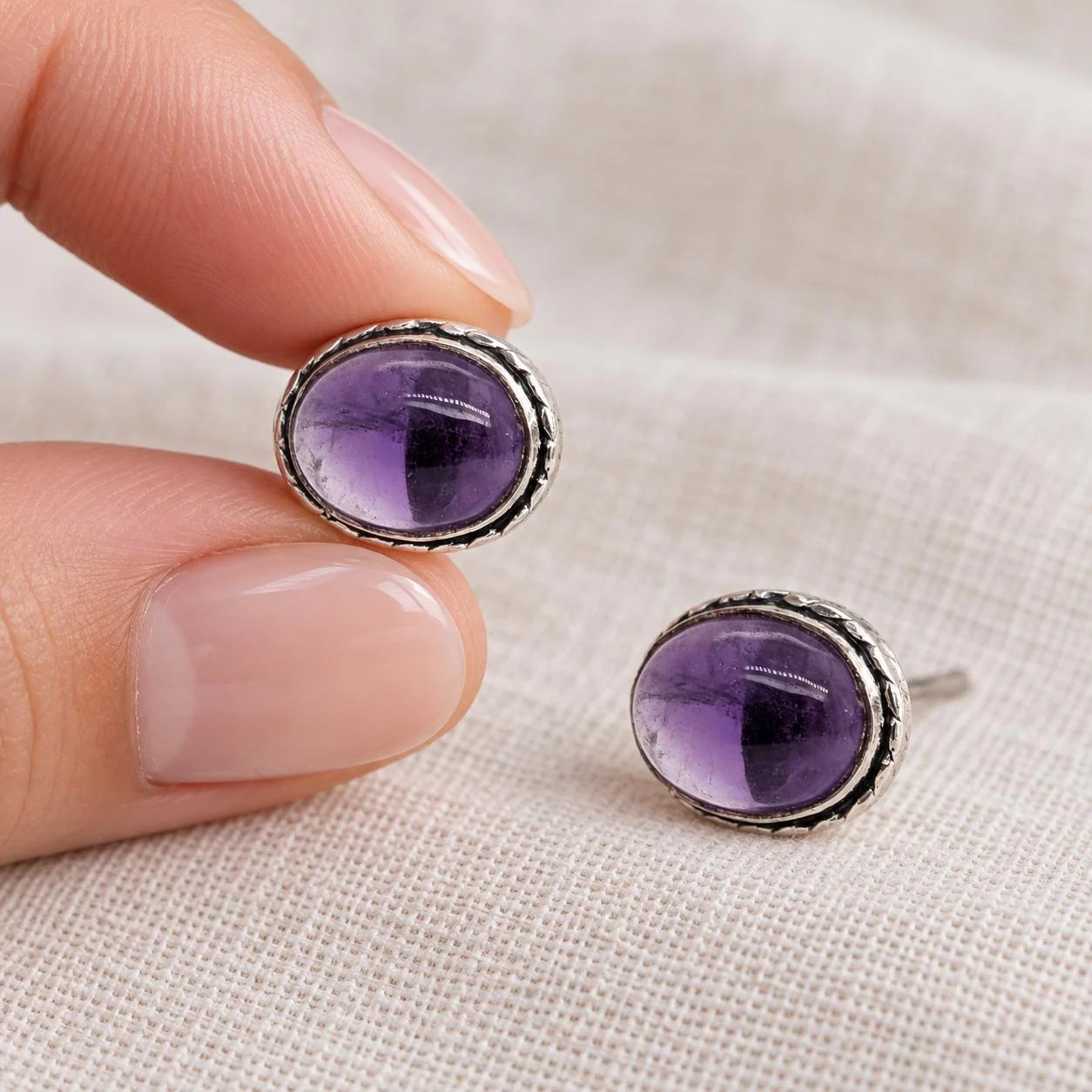 Amethyst Cabochon Oval Stud Earrings in Sterling Silver : February Birthstone
