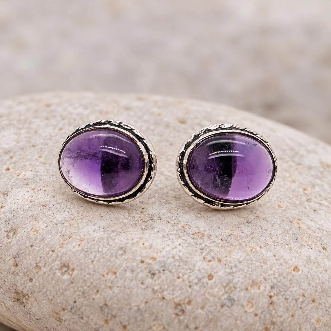 Amethyst Cabochon Oval Stud Earrings in Sterling Silver : February Birthstone, detail view