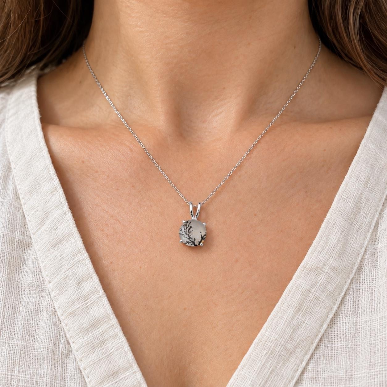 Dendritic Agate Sterling Silver Necklace, Plant Fossil Pendant, worn view