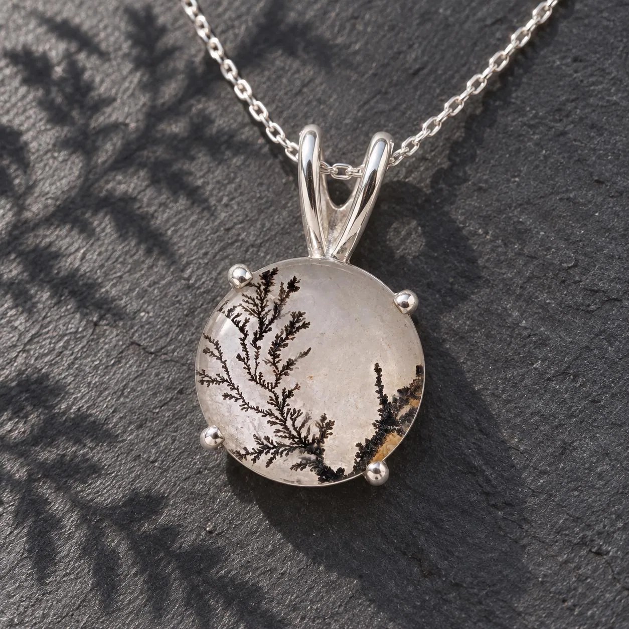Dendritic Agate Sterling Silver Necklace, Plant Fossil Pendant