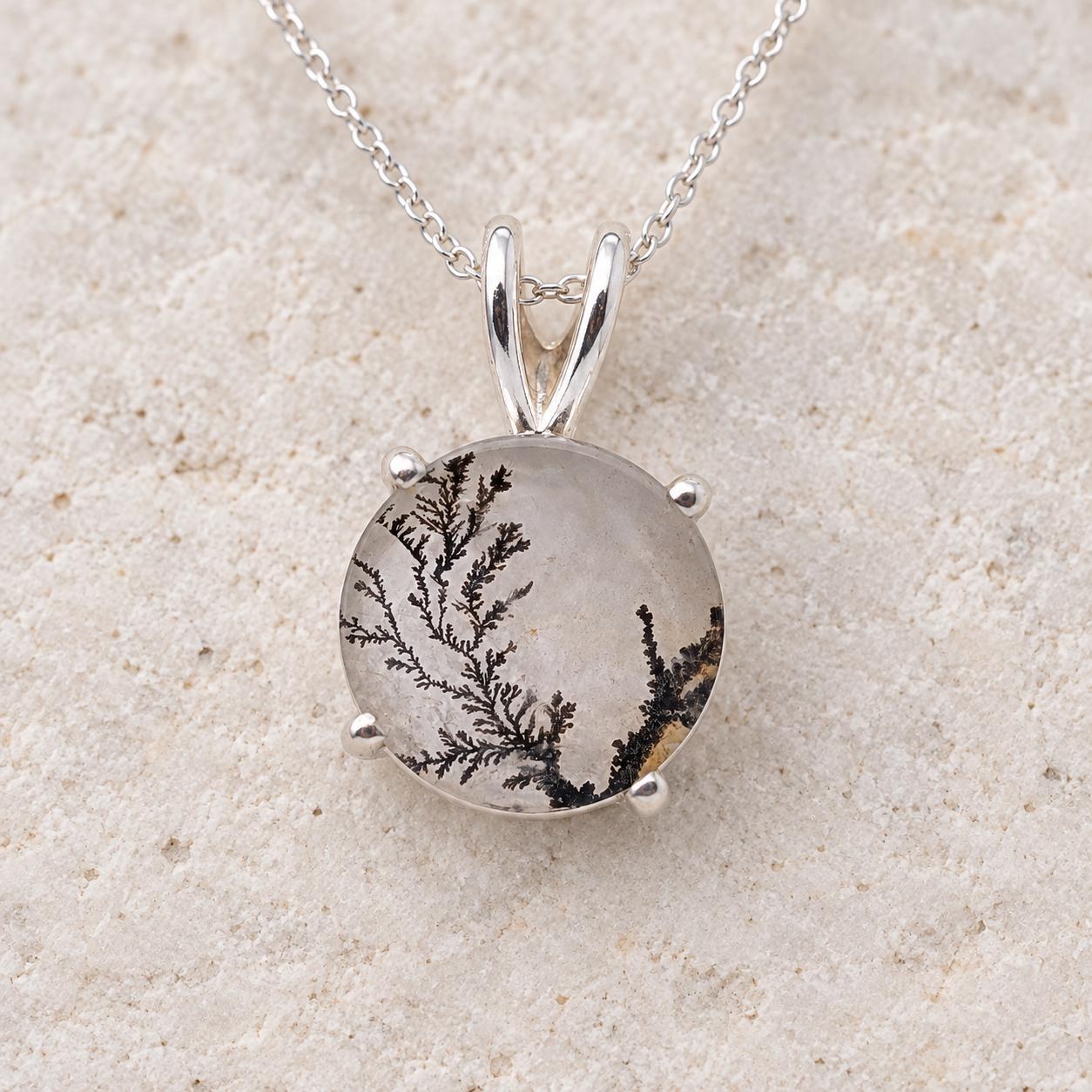 Dendritic Agate Sterling Silver Necklace, Plant Fossil Pendant, detail view