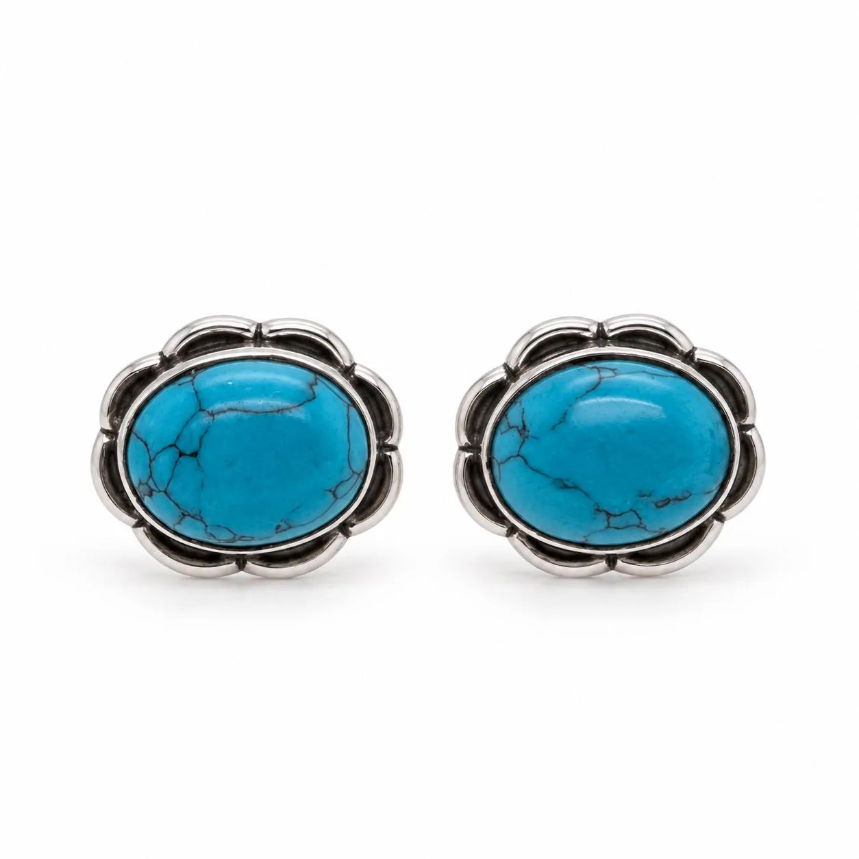 Turquoise Oval Stud Earrings Sterling Silver, December Birthstone, detail view