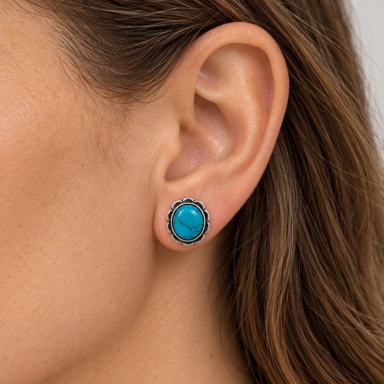 Turquoise Oval Stud Earrings Sterling Silver, December Birthstone, worn view