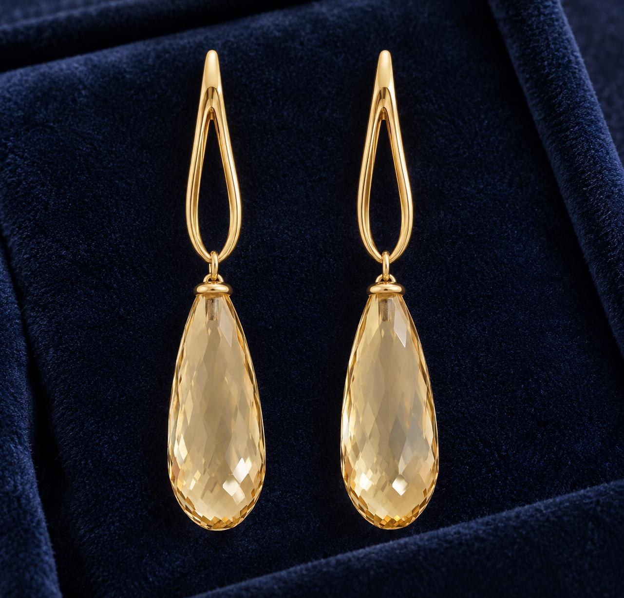 Citrine Drop Statement Earrings Solid 14k Gold, November Birthstone, detail view