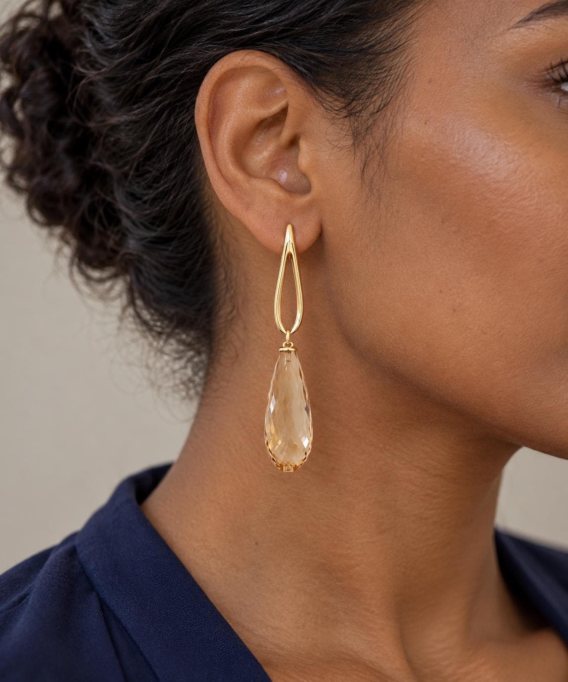 Citrine Drop Statement Earrings Solid 14k Gold, November Birthstone, worn view