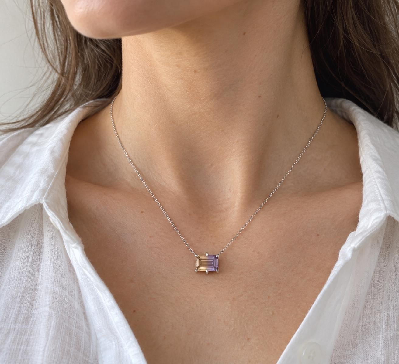 Ametrine Solitaire Necklace Sterling Silver, Purple Yellow Gemstone Necklace, worn view