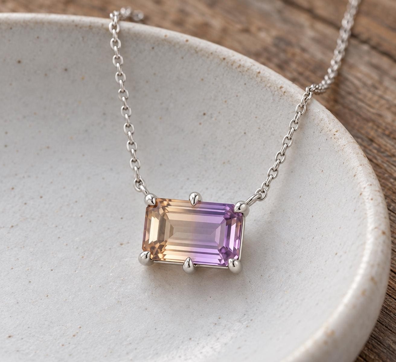 Ametrine Solitaire Necklace Sterling Silver, Purple Yellow Gemstone Necklace