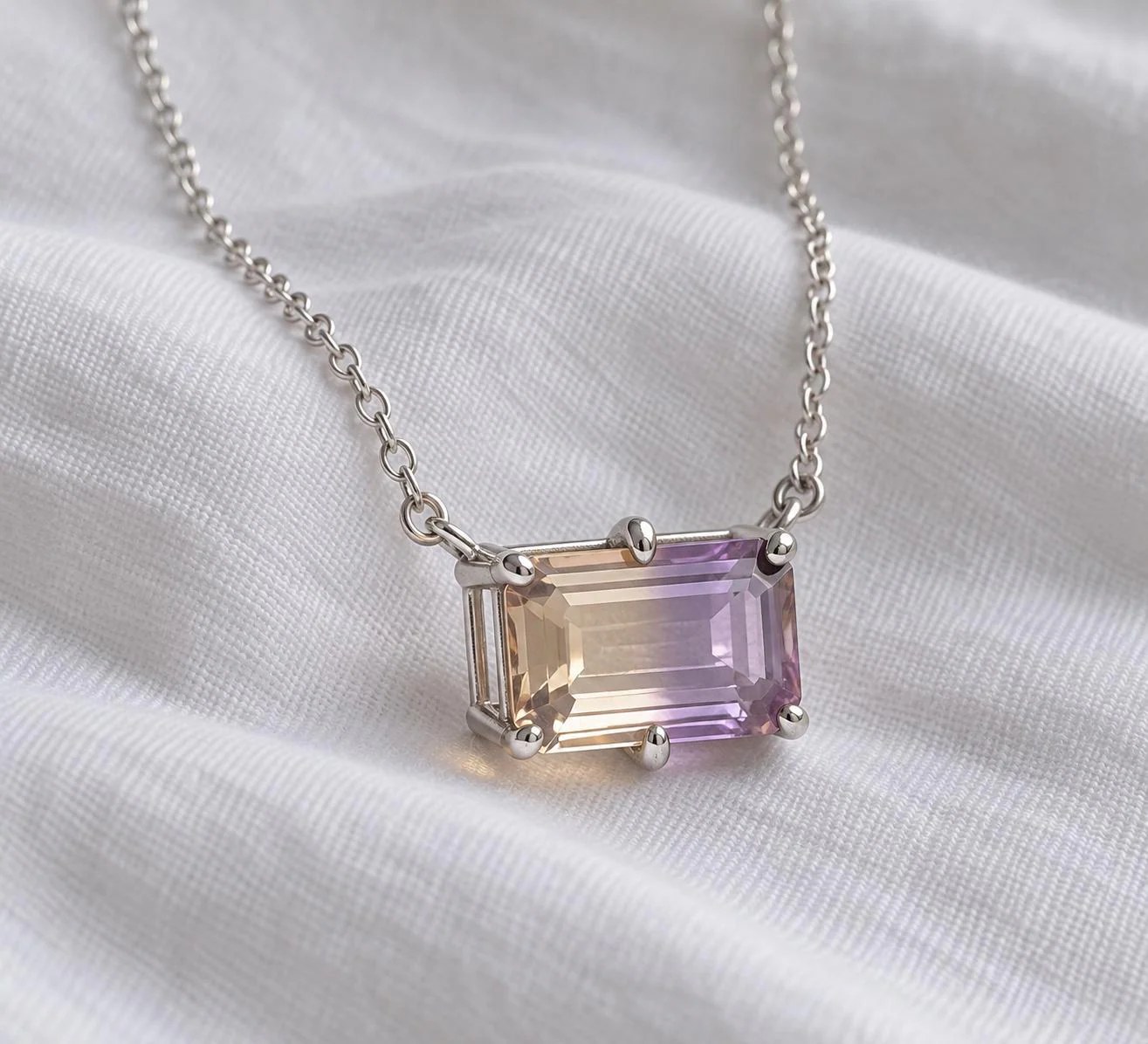 Ametrine Solitaire Necklace Sterling Silver, Purple Yellow Gemstone Necklace, detail view