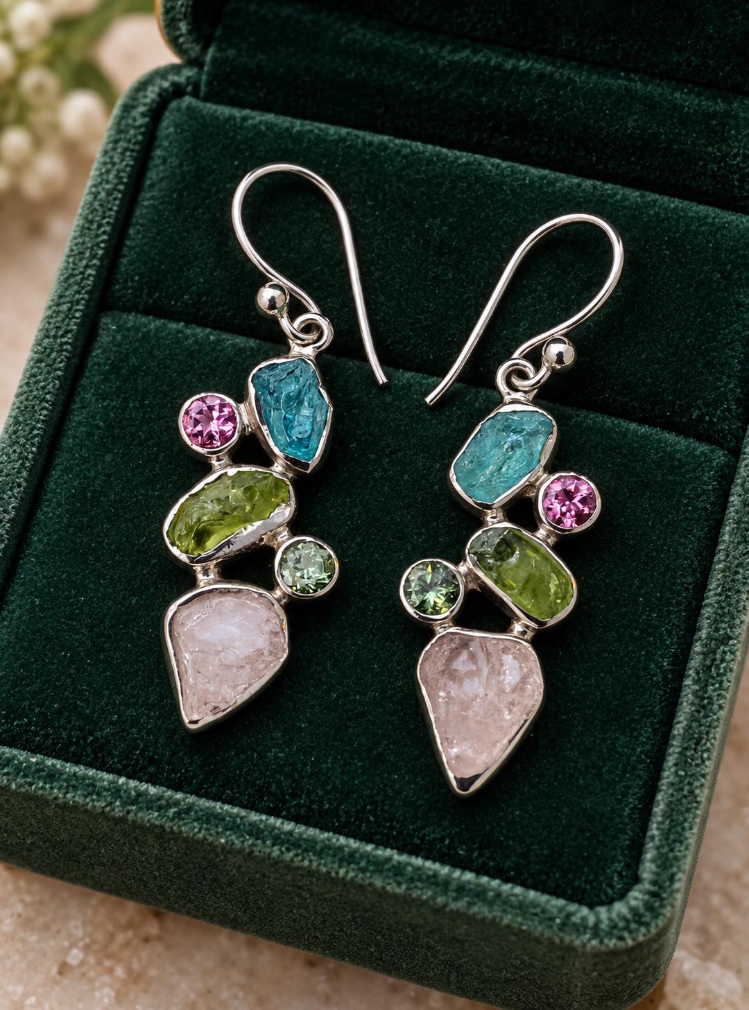 Raw Apatite, Peridot, Rose Quartz, Green & Pink Tourmaline Sterling Silver Dangly Earrings