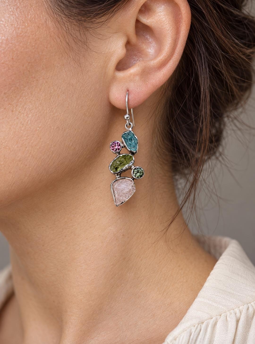 Raw Apatite, Peridot, Rose Quartz, Green & Pink Tourmaline Sterling Silver Dangly Earrings, worn view