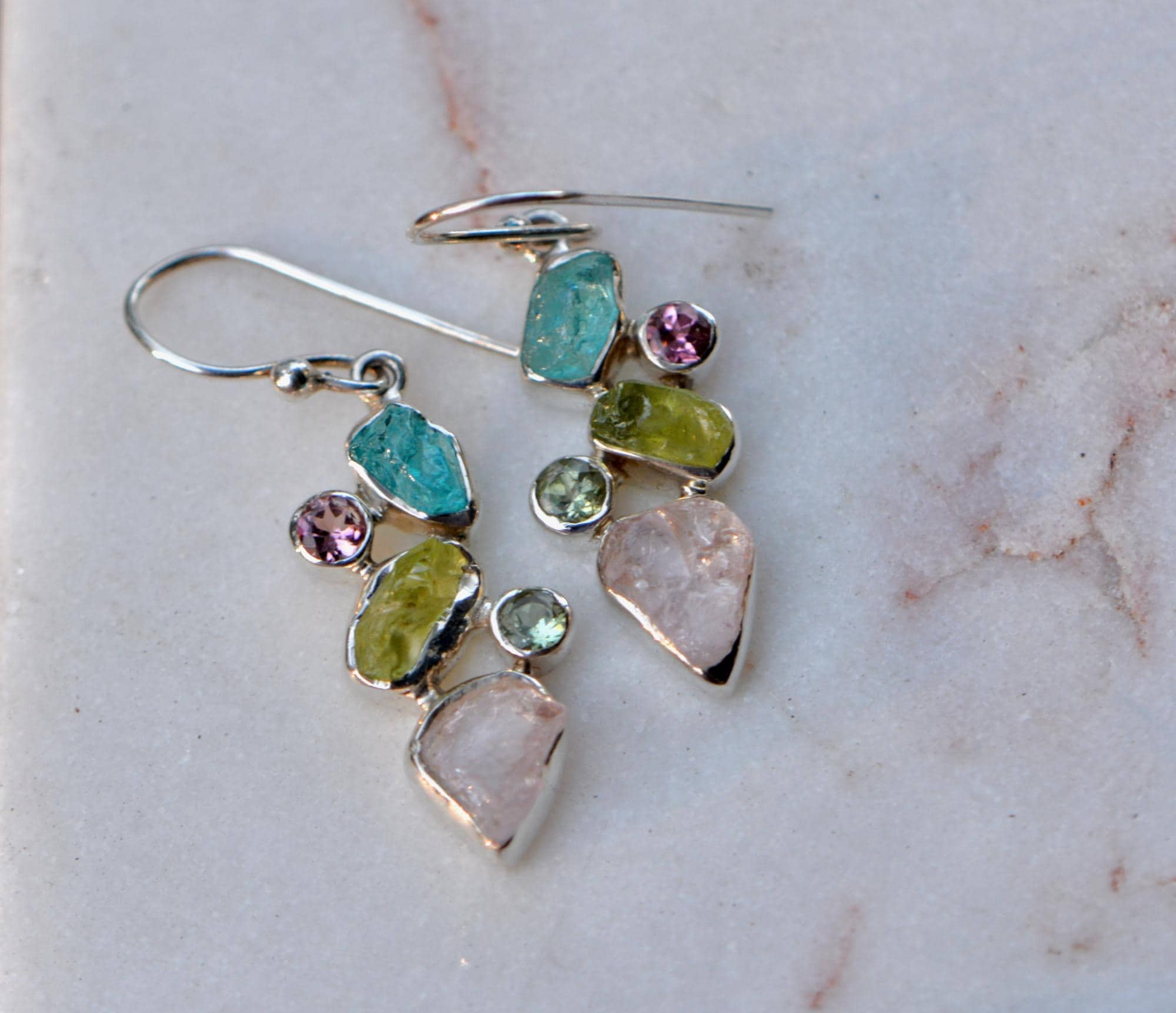 Raw Apatite, Peridot, Rose Quartz, Green & Pink Tourmaline Sterling Silver Dangly Earrings, detail view