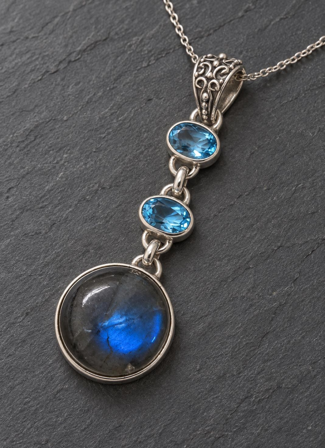 Labradorite & Blue Topaz Necklace Sterling Silver, detail view