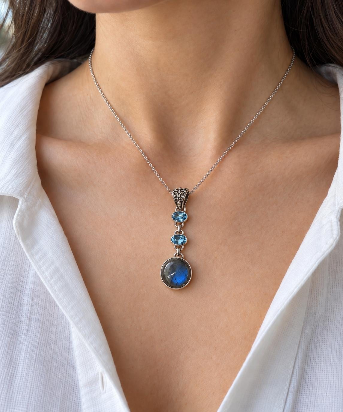 Labradorite & Blue Topaz Necklace Sterling Silver, worn view