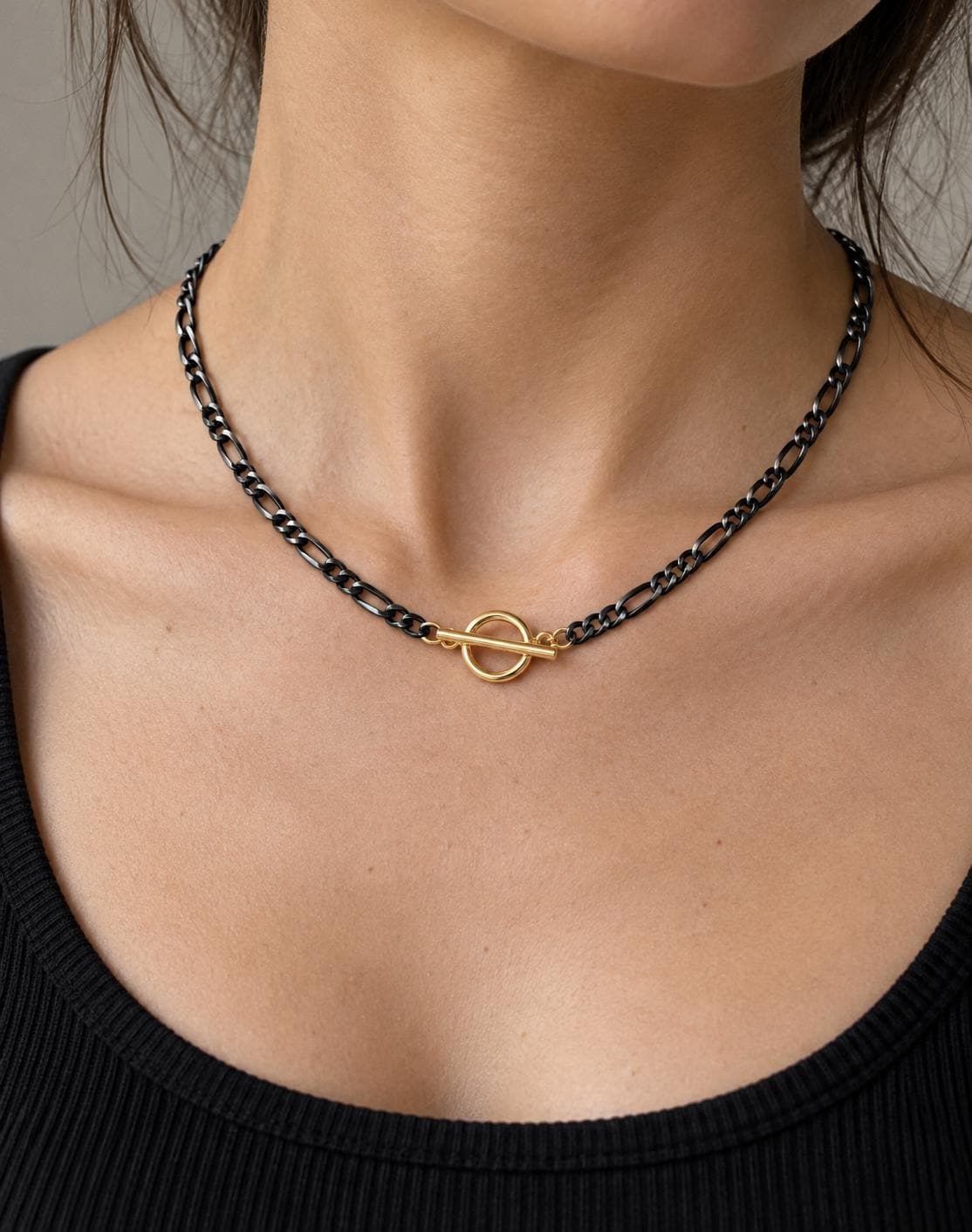 Oxidized Sterling Silver Figaro Chain with 14k Gold Filled Clasp, 18 inches, worn view