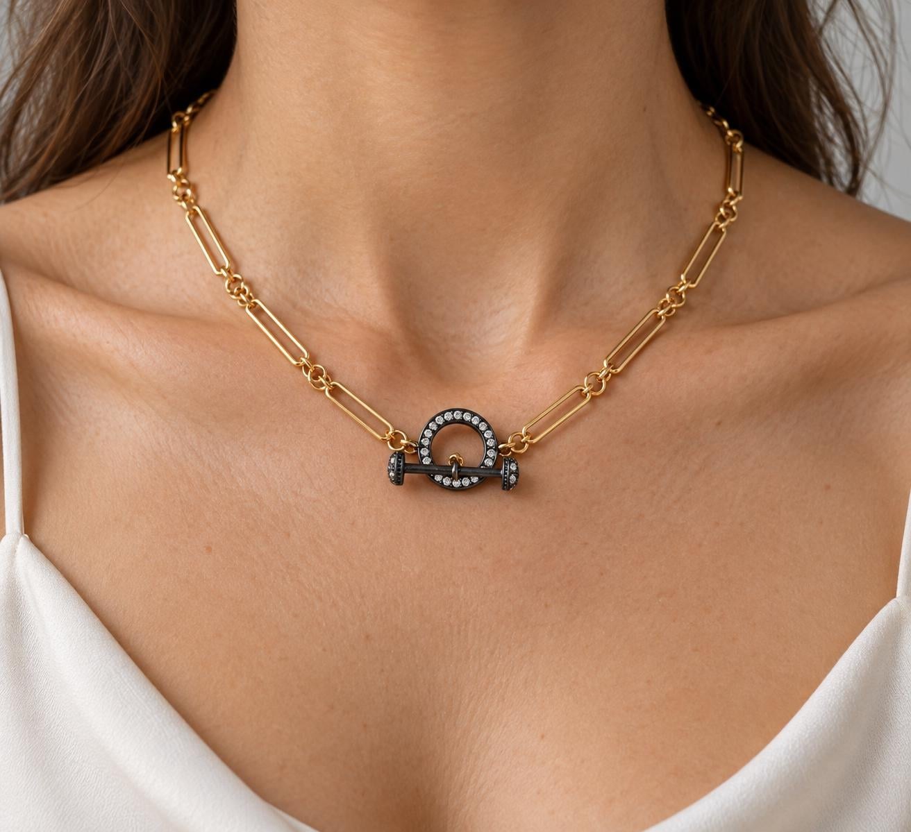 14k Gold Filled Paperclip Chain with Oxidized Silver Clasp, 18 inches, worn view