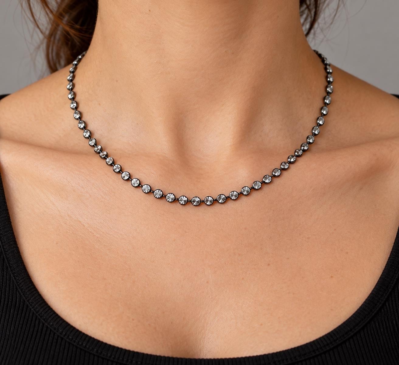 Oxidized Sterling Silver Diamond Cut Bead Chain, 16 inches, worn view