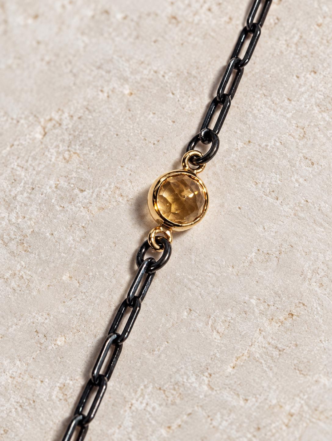 Citrine Bracelet in Oxidized Sterling Silver Paperclip chain with a Gold Vermeil Bezel : November Birthstone, detail view