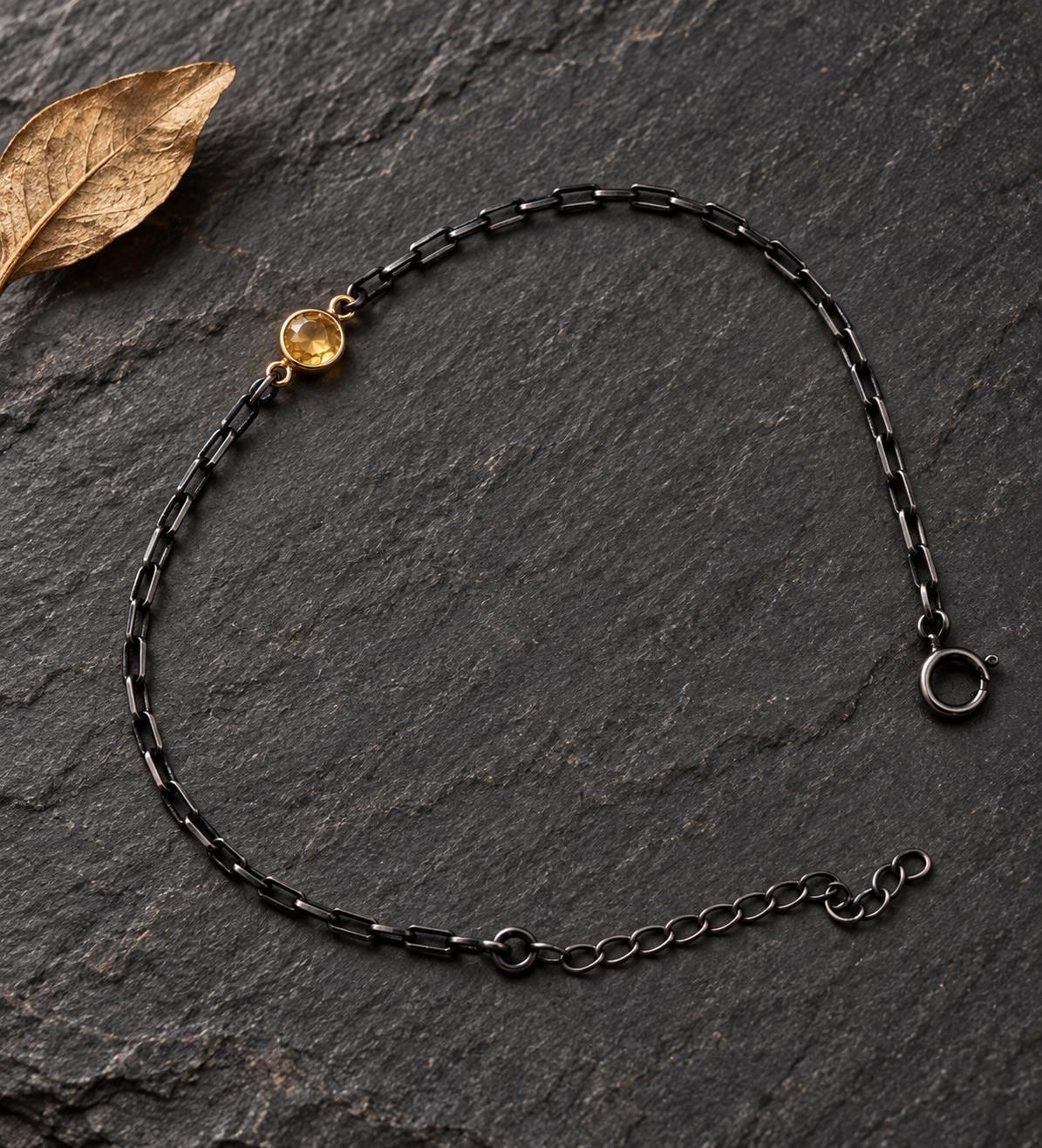 Citrine Bracelet in Oxidized Sterling Silver Paperclip chain with a Gold Vermeil Bezel : November Birthstone