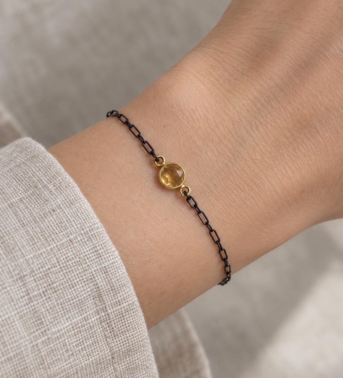 Citrine Bracelet in Oxidized Sterling Silver Paperclip chain with a Gold Vermeil Bezel : November Birthstone, worn view