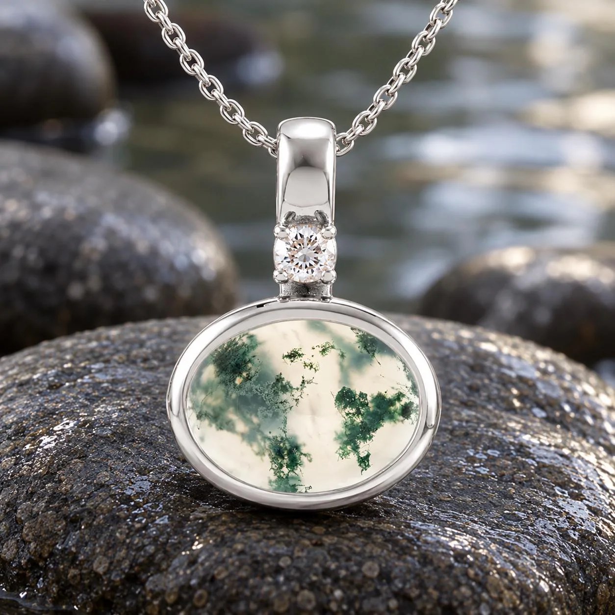Moss Agate with Diamond Sterling Silver Necklace