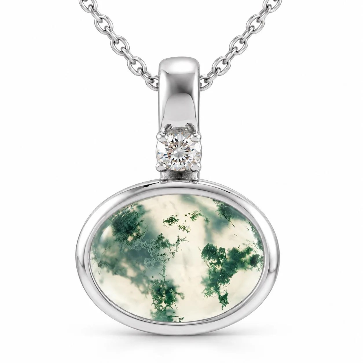 Moss Agate with Diamond Sterling Silver Necklace, detail view