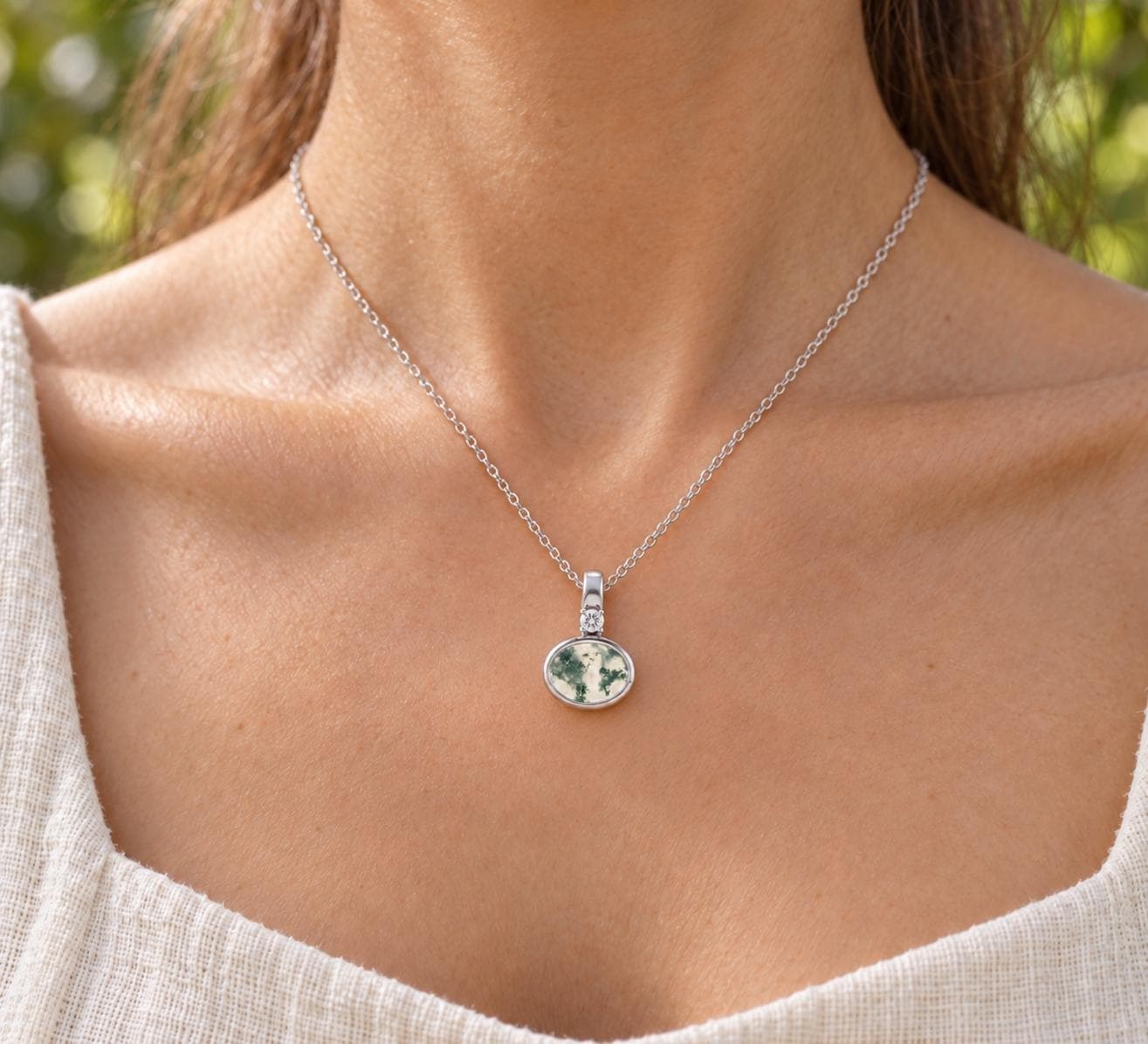 Moss Agate with Diamond Sterling Silver Necklace, worn view