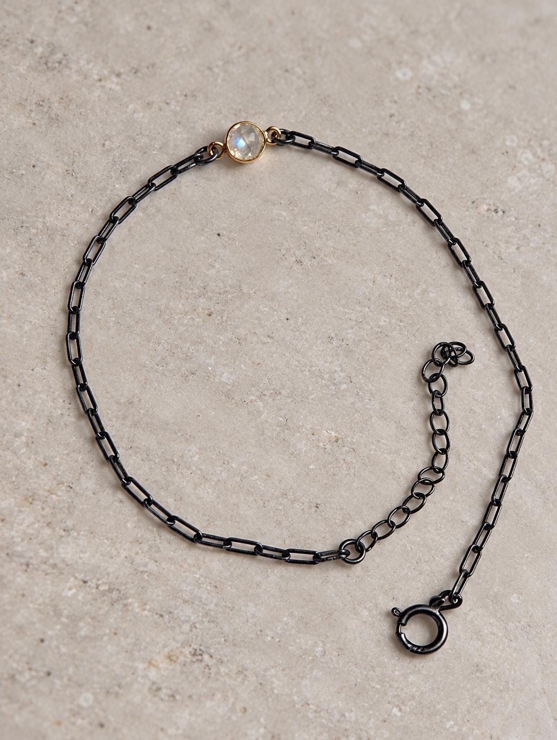 Moonstone Bracelet in Oxidized Sterling Silver Paperclip chain with a Gold Vermeil Bezel : June Birthstone, detail view
