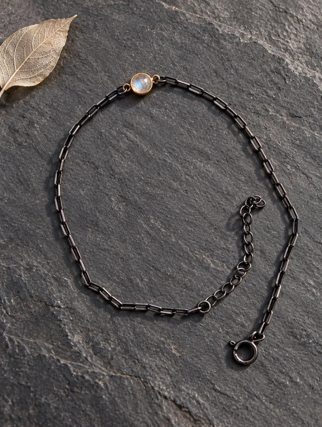Moonstone Bracelet in Oxidized Sterling Silver Paperclip chain with a Gold Vermeil Bezel : June Birthstone, detail view