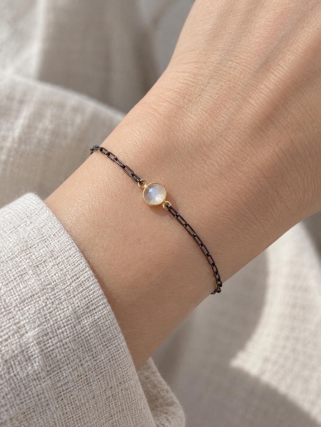Moonstone Bracelet in Oxidized Sterling Silver Paperclip chain with a Gold Vermeil Bezel : June Birthstone