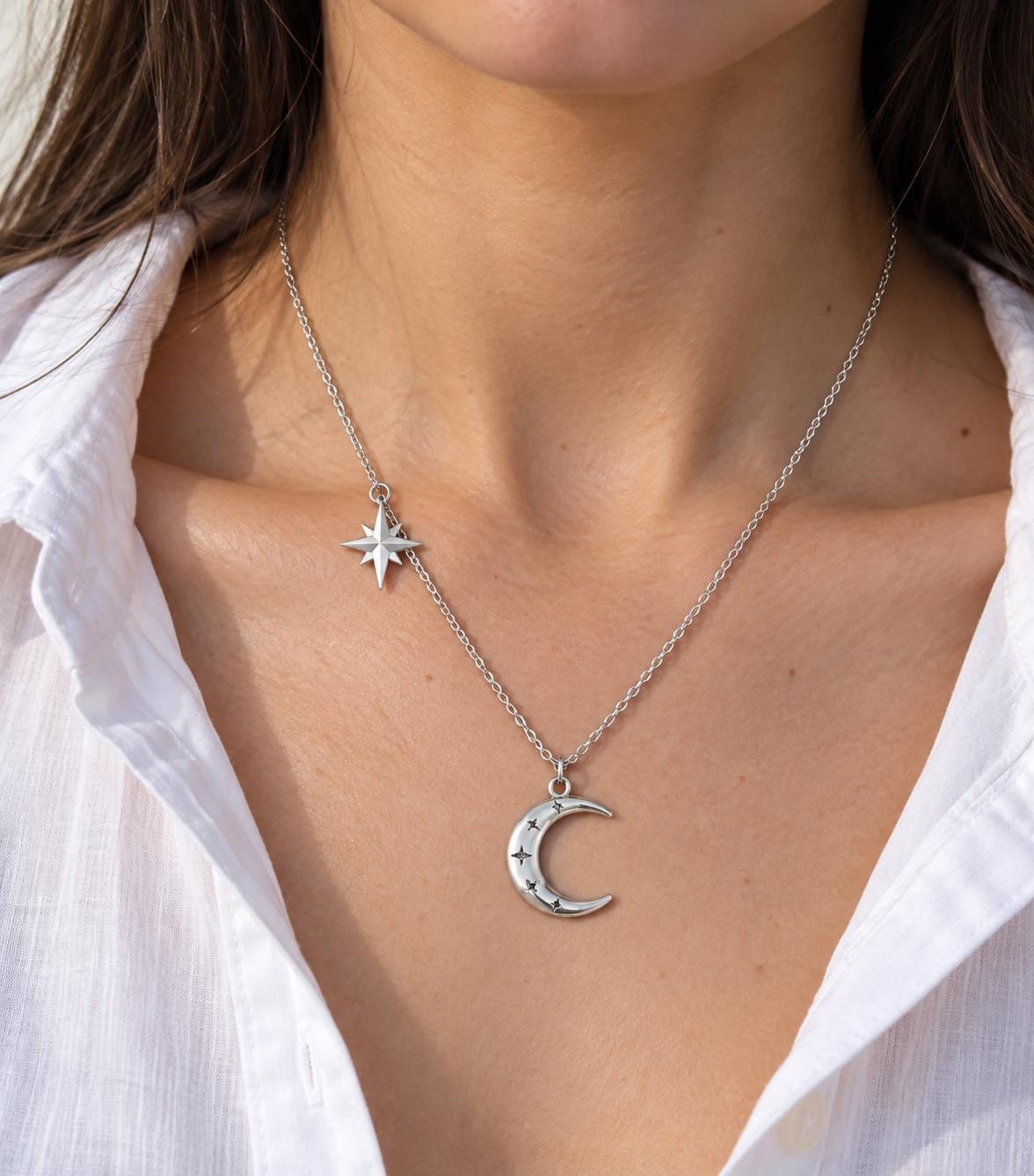 Crescent Moon and North Star Sterling Silver Necklace, worn view