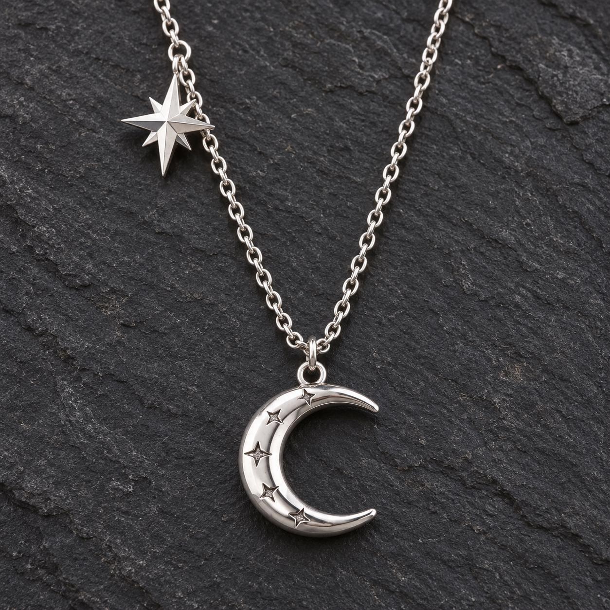 Crescent Moon and North Star Sterling Silver Necklace, detail view