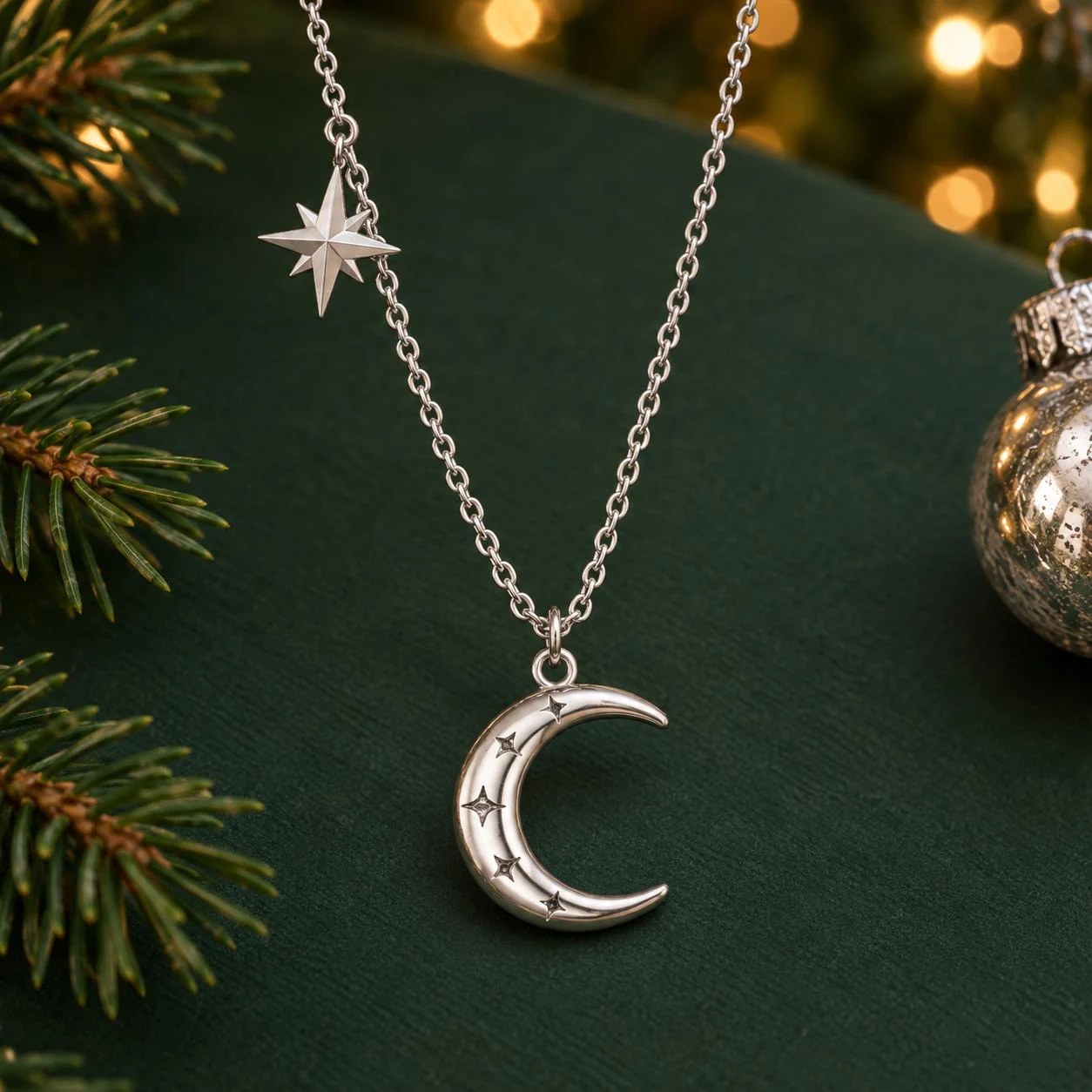 Crescent Moon and North Star Sterling Silver Necklace
