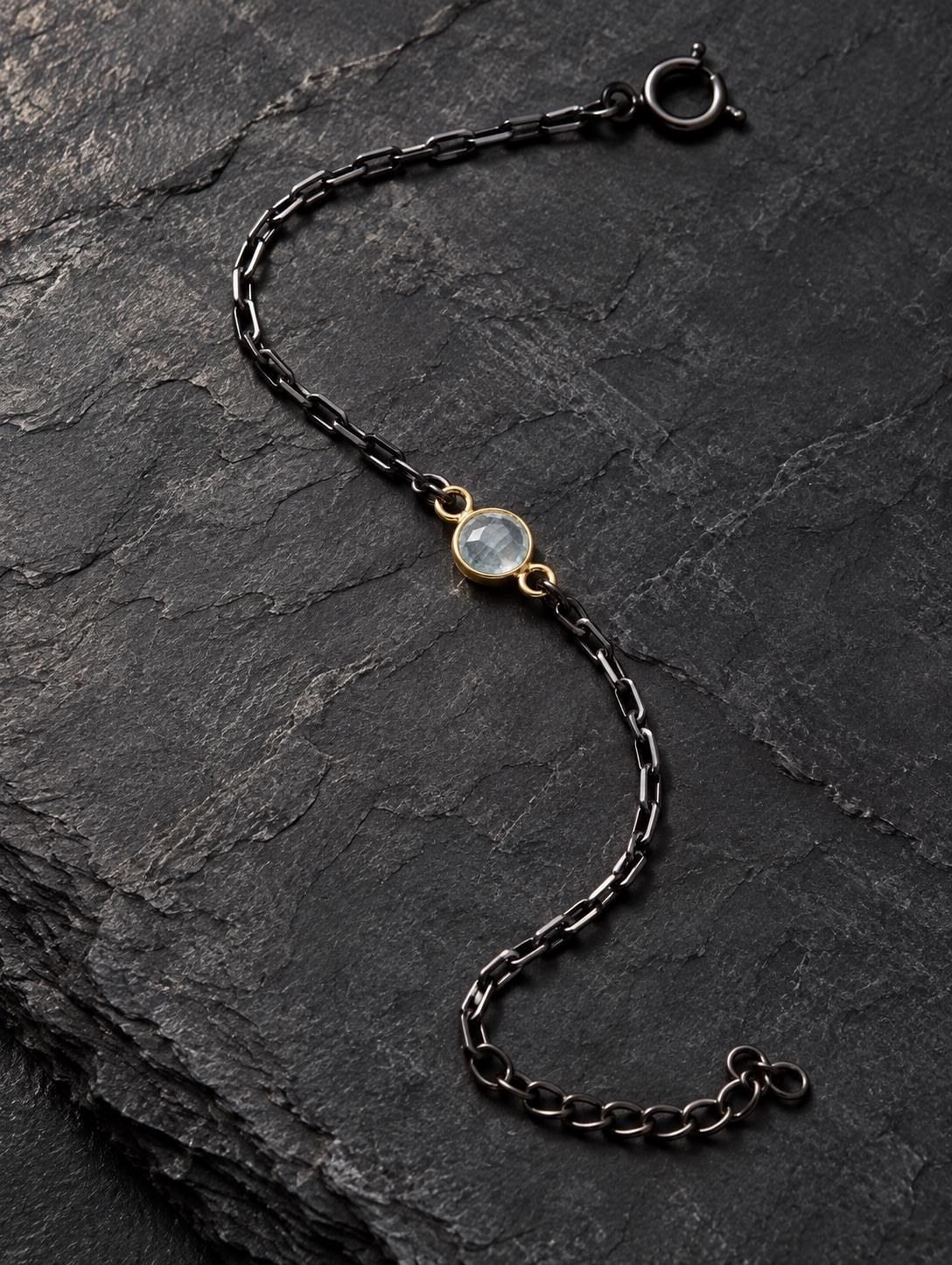 Blue Topaz Bracelet in Oxidized Sterling Silver Paperclip chain with a Gold Vermeil Bezel : December Birthstone