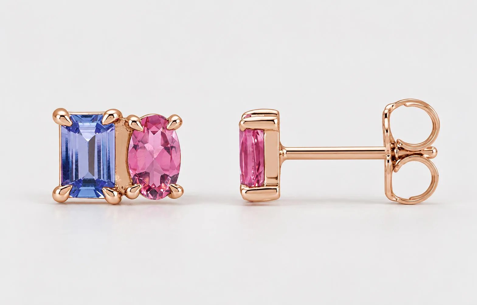 Pink Tourmaline & Tanzanite Two Stone Stud Earrings 14k Rose Gold, October December Birthstone, detail view