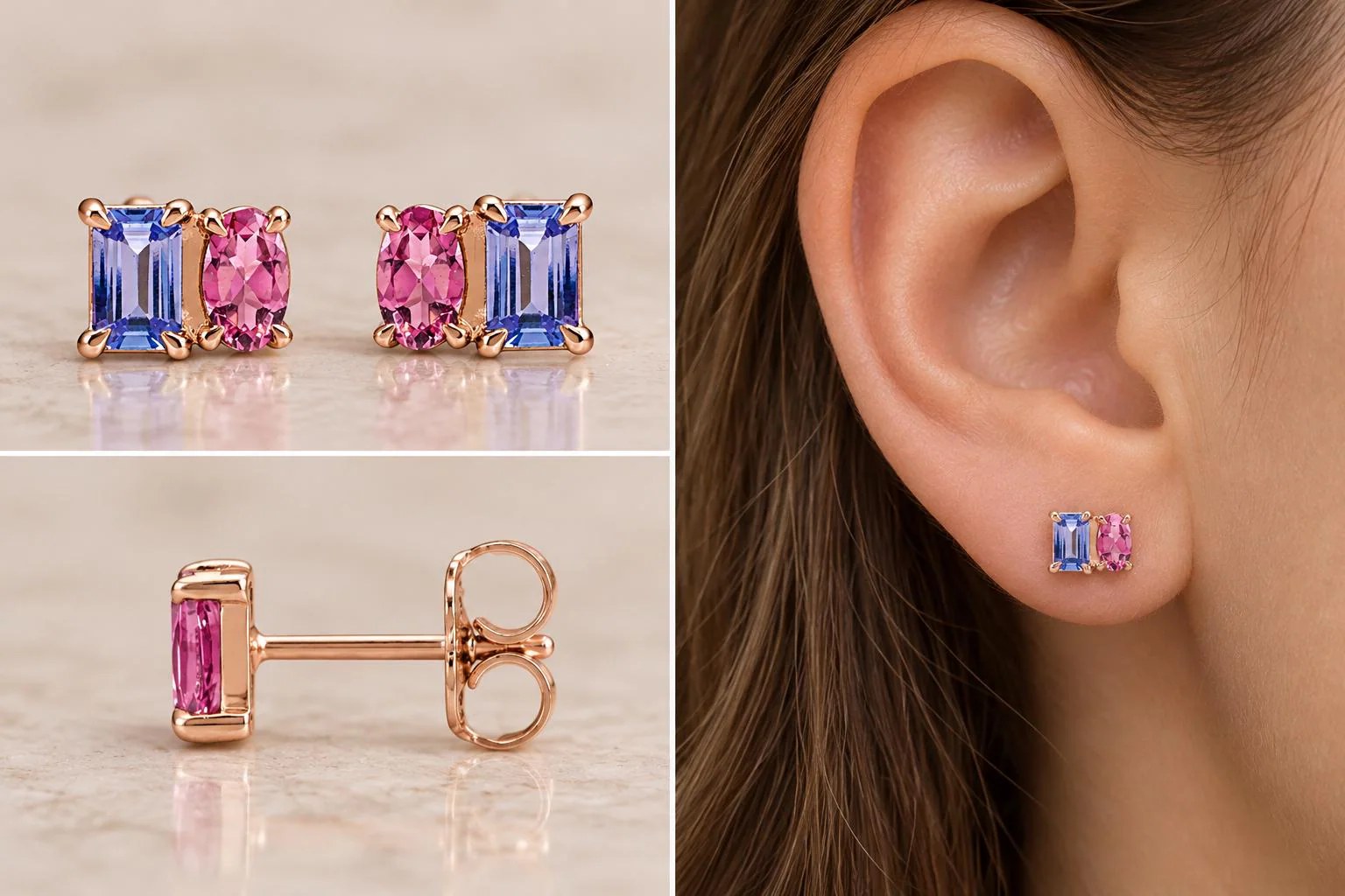 Pink Tourmaline & Tanzanite Two Stone Stud Earrings 14k Rose Gold, October December Birthstone, worn view