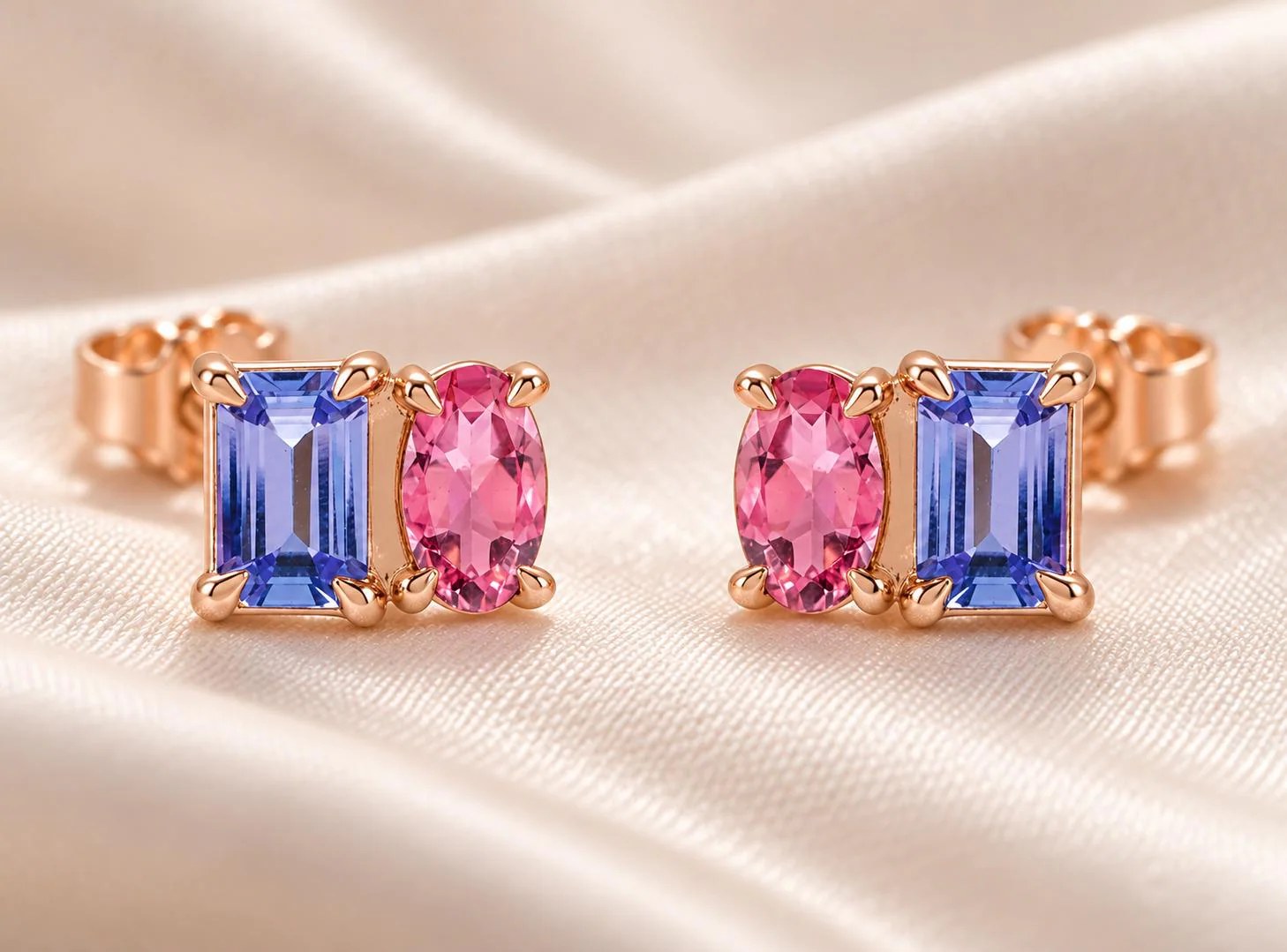 Pink Tourmaline & Tanzanite Two Stone Stud Earrings 14k Rose Gold, October December Birthstone